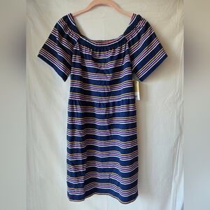 Girl's Striped Short Sleeve Dress in Navy and Pink with Fitted Waist and Collar